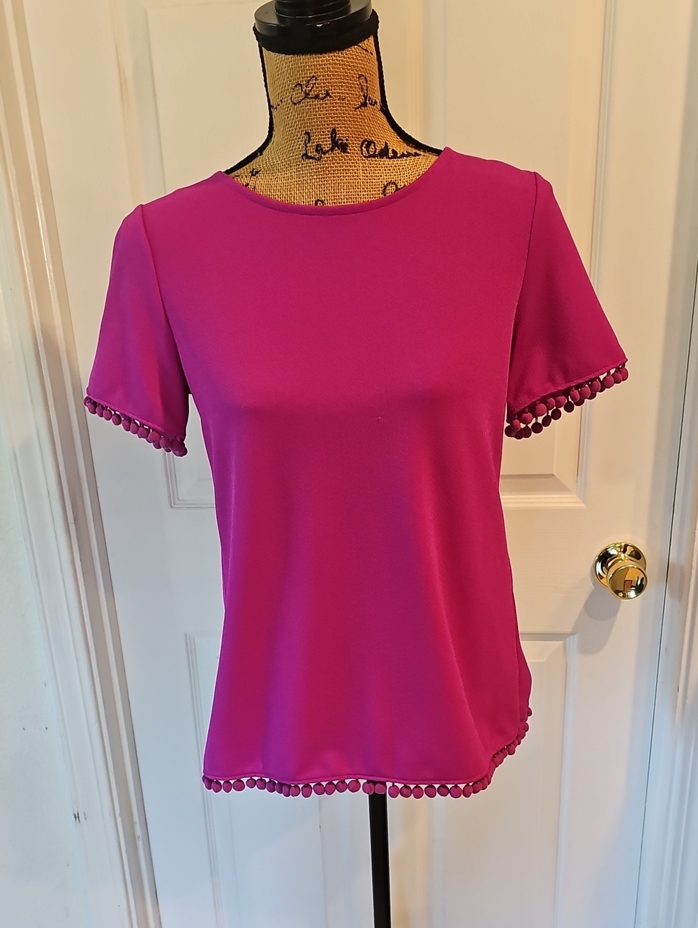 Banana Republic Fuchsia Short Sleeve Pom Trim Top